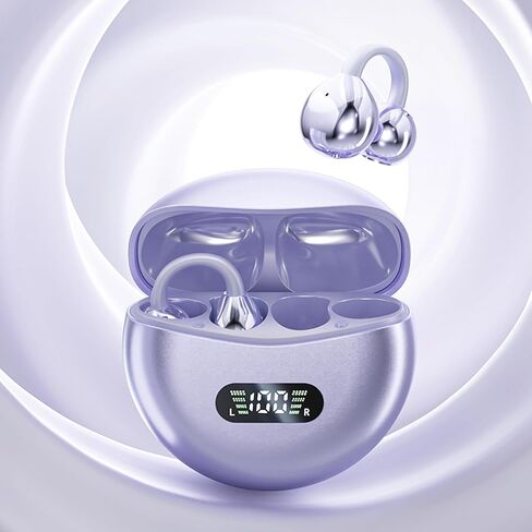 Open Ear Clip Headphones Wireless Earbuds Bluetooth 5.4 Sports Earphones Wireless Charging Case & LED Power Display Waterproof Fitness Headphones for Running (Purple) in Saudi Arabia