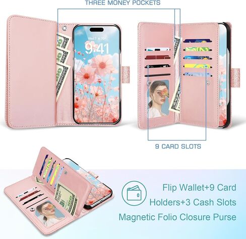 Fingic for iPhone 16 Plus Case,for iPhone 16 Plus Wallet Case for Women Girl[with 9 Card Holder]Marble Rose Gold PU Leather Detachable Wrist Strap Slim Shockproof Flip Case for iPhone 16 Plus,6.7"2024 in Saudi Arabia