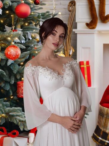 Off Shoulder Maternity Dress for Wedding V Neck A Line Chiffon Long Sleeve Pregnancy Gown for Baby Shower Photoshoot in Saudi Arabia