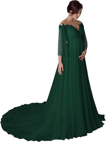 Off Shoulder Maternity Dress for Wedding V Neck A Line Chiffon Long Sleeve Pregnancy Gown for Baby Shower Photoshoot in Saudi Arabia