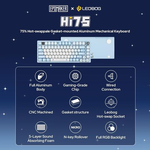 EPOMAKER x LEOBOG Hi75 لوحة مفاتيح ميكانيكية سلكية من سبائك الألومنيوم، لوحة مفاتيح ألعاب مثبتة على حشية قابلة للبرمجة مع مقبض تبديل الوضع، قابلة للتبديل السريع، NKRO، RGB (أبيض أرجواني، مفتاح ريبر) in Saudi Arabia