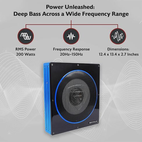 Rockville RW10CA 10" 2-Ohm Slim Powered Under-Seat Car Subwoofer | 800W Peak, 200W RMS, Bass Knob, Auto Turn-On, Variable LPF, Bass Boost, Phase Switch, Deep Bass in Kuwait