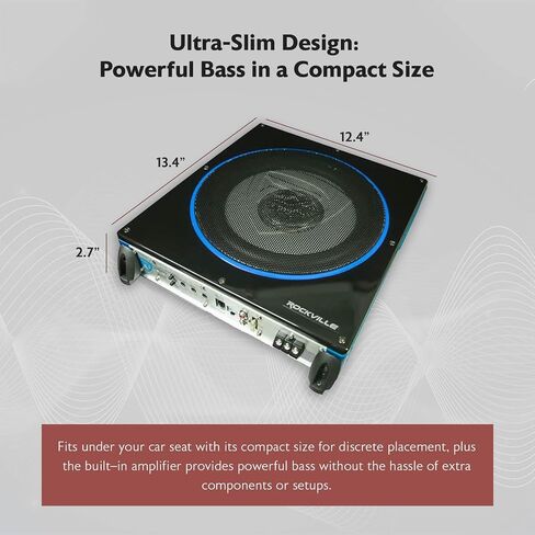 Rockville RW10CA 10" 2-Ohm Slim Powered Under-Seat Car Subwoofer | 800W Peak, 200W RMS, Bass Knob, Auto Turn-On, Variable LPF, Bass Boost, Phase Switch, Deep Bass in Kuwait