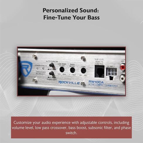Rockville RW10CA 10" 2-Ohm Slim Powered Under-Seat Car Subwoofer | 800W Peak, 200W RMS, Bass Knob, Auto Turn-On, Variable LPF, Bass Boost, Phase Switch, Deep Bass in Kuwait