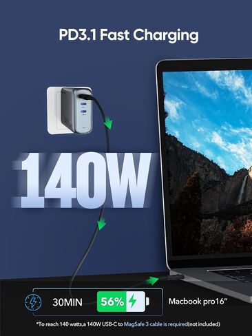 140W USB C Charger, PD3.1 GaN Charger 3 Port 140w USB-C Power Adapter with 5ft Detachable Power Extension Cord for MacBook Pro, Dell XPS, iPad Pro, Galaxy, iPhone 16/15 Pro, Chromebook and More in Kuwait