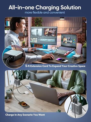 140W USB C Charger, PD3.1 GaN Charger 3 Port 140w USB-C Power Adapter with 5ft Detachable Power Extension Cord for MacBook Pro, Dell XPS, iPad Pro, Galaxy, iPhone 16/15 Pro, Chromebook and More in Kuwait