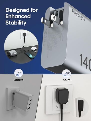 140W USB C Charger, PD3.1 GaN Charger 3 Port 140w USB-C Power Adapter with 5ft Detachable Power Extension Cord for MacBook Pro, Dell XPS, iPad Pro, Galaxy, iPhone 16/15 Pro, Chromebook and More in Kuwait