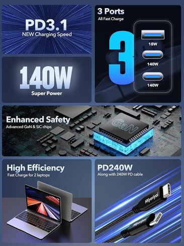 140W USB C Charger, PD3.1 GaN Charger 3 Port 140w USB-C Power Adapter with 5ft Detachable Power Extension Cord for MacBook Pro, Dell XPS, iPad Pro, Galaxy, iPhone 16/15 Pro, Chromebook and More in Kuwait