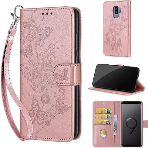 Designed for Samsung Galaxy S9 Plus Case Wallet,Women Flip Folio Cover with Embossed PU Leather Credit Card Holders Slots Wrist Strap Phone Case for Samsung S9+ Plus 6.2 Inch (Rose Gold Butterfly) in Kuwait