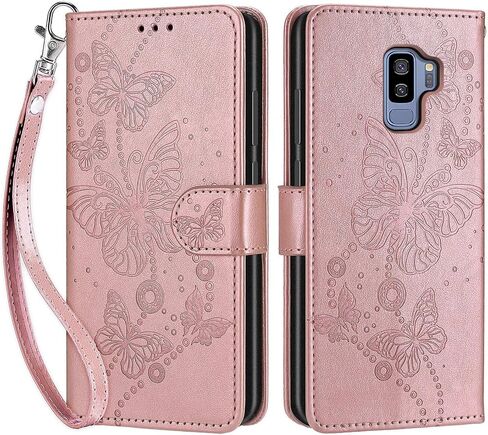 Designed for Samsung Galaxy S9 Plus Case Wallet,Women Flip Folio Cover with Embossed PU Leather Credit Card Holders Slots Wrist Strap Phone Case for Samsung S9+ Plus 6.2 Inch (Rose Gold Butterfly) in Kuwait