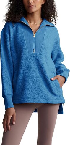 Yeokou المرأة سترة الصوف معطف شيربا اصطف نصف البريدي البلوز الخريف الشتاء غامض كم طويل البلوز وتتسابق مع جيوب in Kuwait