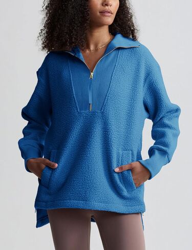 Yeokou المرأة سترة الصوف معطف شيربا اصطف نصف البريدي البلوز الخريف الشتاء غامض كم طويل البلوز وتتسابق مع جيوب in Kuwait