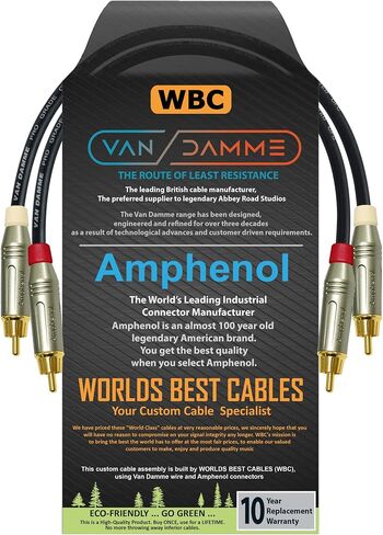WORLDS BEST CABLES 1 Foot - RCA Cable Pair Custom Made Made Using Van Damme Pro Grade Classic XKE Instrument (Jet Black) Wire & Amphenol ACPR Die-Cast, Gold Plated RCA Connectors in Saudi Arabia