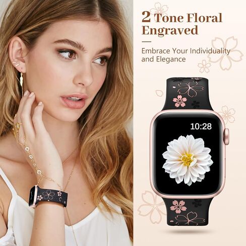 SNBLK Floral Engraved Band Compatible with Apple Watch Bands for Women 40mm 41mm 42mm 38mm 44mm 45mm 46mm, Soft Silicone Cute TwoTone Flower Sport Strap for iWatch Series 10 9 SE 8 7 6 5 4 3 2 1 ULTRA in Saudi Arabia