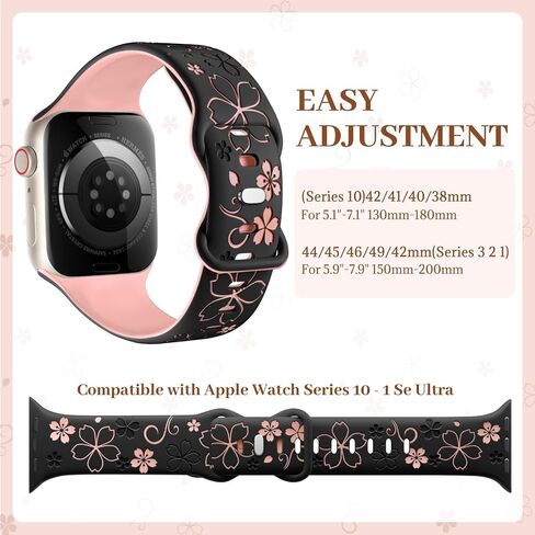 SNBLK Floral Engraved Band Compatible with Apple Watch Bands for Women 40mm 41mm 42mm 38mm 44mm 45mm 46mm, Soft Silicone Cute TwoTone Flower Sport Strap for iWatch Series 10 9 SE 8 7 6 5 4 3 2 1 ULTRA in Saudi Arabia