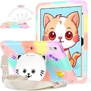 Case for iPad 10th Generation case 10.9''with Shoulder Strap,Resistant Shockproof Protective Case with Pencil Holder &180°Rotating Cute Cat Stand,Case for iPad 10.9 inch Case for Kids Girls(Colorful)