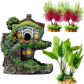 Fish Tank Decoration 4-Piece Set, Aquarium Landscaping Ornaments, Hobbit House Fish Tank Sculpture, Aquarium Simulation Aquatic Plants + Simulation Green Rot Decoration,Small Fish shelter