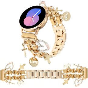 Stylish Metal Band Compatible with Samsung Galaxy Watch 7/FE/6/5/4 40/44mm,Watch 6/4 Classic,Watch 5 Pro,Watch 3,Active 2,Cuban Chain with Charms Love Cross Pendants Band Women,20mm