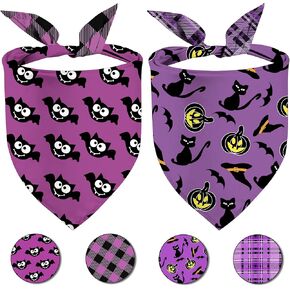 Halloween Dog Bandanas 2 Packs, Bats, Cats Witches Hats, Pumkin Reversible Triangle, Fall Pet Scarves for Puppy, Plaid PurpleDog Kerchief (X-Large, halloween-01)
