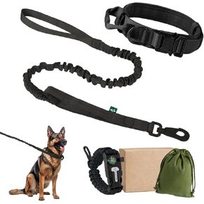 Tactical Dog Collar and Leash Set, Adjustable Large Dog Training Collar with Handle,Heavy Duty Metal Buckle for Dogs,and 6 in 1 Adjustable Paracord Bracelet (Khaki, L)