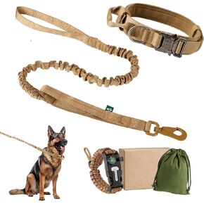 Tactical Dog Collar and Leash Set, Adjustable Large Dog Training Collar with Handle,Heavy Duty Metal Buckle for Dogs,and 6 in 1 Adjustable Paracord Bracelet (Khaki, L)