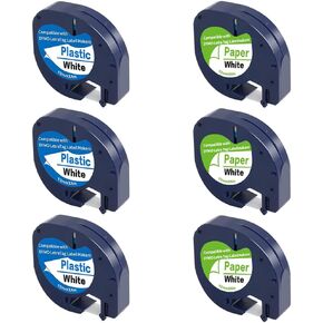 91331 91330 Refills Compatible for Dymo Paper Plastic Label Tapes for Dymo LetraTag LT100H LT100T 200B LT110T Label Makers, Black on White, 12mm x 4m (1/2" x 13')