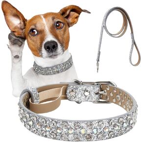 Rhinestone Dog Collar, Bling Diamond Pet Collars with Leash Adjustable, Dazzling Sparkly Crystal Studded Microfiber Leather Spiked Puppy Collar Cute for Small and Medium Large Girl Dogs Cats