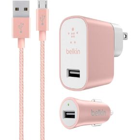 Belkin Mixit Metallic 2.4A Premium Wall and Car Charger Bundle with 4-Foot Micro USB Cable Charging Kit - for Android Phones - Rose Gold