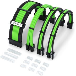 Sirlyr PSU Cable Extension,Customed Pre-Bend PC Power Supply Cable,1x 24 Pin ATX / 1x 8 (4+4) Pin EPS/Longer 2X 8 (6+2) Gold-Plated Pin Pcie,Nylon Sleeved Chartreuse Black,4 Kits