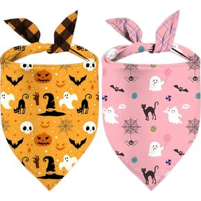 Halloween Dog Bandanas, Triangle Reversible Dog Scarfs with Pumpkin, Spider, Bat, Ghost, Fall Dog Cat Bandanas for Boy and Girl 2 Pack Cat Bib Handkerchief Holiday Set