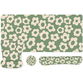MOSISO Desk Pad Mat Keyboard Mouse Pad Set,Large Gaming Mouse Pad&Keyboard Wrist Rest&Mousepad with Wrist Rest&Coaster,Vintage Groovy Flowers Ergonomic Home Office Non-Slip Pad with Memory Foam,Green