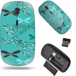 Wireless 2.4G Computer Laptop Mouse Mice/Turquoise and Black-White Vintage Dragonflies