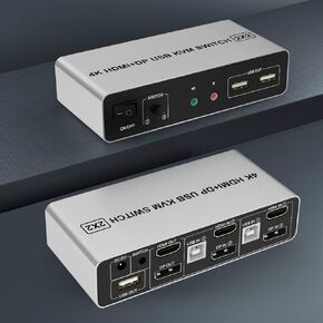 Displayport+HDMI Dual Monitor KVM Switch for 4 PCs, 4K 60Hz KVM Switch 2 Monitors 4 Computers, with Audio Microphone Output and 3 USB 2.0 Ports, HDMI+DP Monitor Switch for 4 PCs 2 Monitors