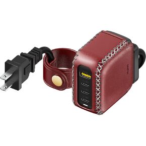100 Watt Travel Wall Fast Charger- Foldable Plug GaN PD Charging Power Adapter with Leather 5ft Extension Cable Multi USB for Samsung Galaxy, Z Flip, Z Fold, (Maroon Red)