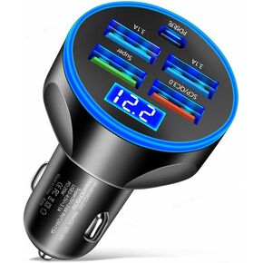 5-in-1 Multi-Port Car Charger with Voltage Detection, PD+3USB+QC3.0 Fast Charge Cigarette Lighter Plug Adapter for iPhone/Android/Samsung/iPad Pro and More (Black)