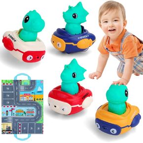 Dinosaur Car Toys for Toddlers - 1 2 3 Year Old Boys Baby Press and Go Cars with Play Mat, Baby Push Go Friction Car Set Travel toys for 6 9 12 18 Months, 1st Birthday Gifts for 1-2 Years Old Boys