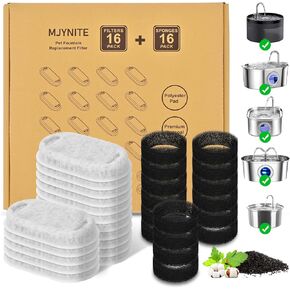 Cat Water Fountain Filters, 16 Pack Replacement Filters & 16 Pack Pre-Filter Sponges for Stainless Steel Pet Water Fountain, Dog Water Fountain