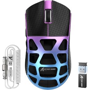 x Attack Shark R3 Wireless Gaming Mouse,PAW3395 26K DPI 8KHz Polling Rate,Magnesium Alloy 46g Ultralight,Programmable Tri-Mode BT/2.4G/Wired Computer Mice with Coiled Cable - Purple Blue&Tape