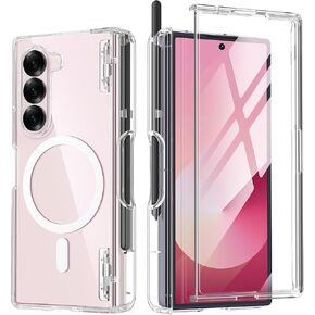 حافظة TONGATE مغناطيسية لهاتف Galaxy Z Fold 6 مع واقي شاشة، [متوافقة مع MagSafe] حافظة هاتف Z6 شفافة نحيفة غير صفراء مدمجة حامل قلم S وغطاء مفصلي لهاتف Samsung Z Fold6، شفاف