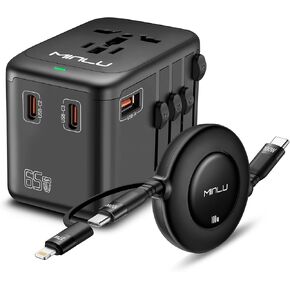Universal Travel Multi Adapter, PD 65W Worldwide Travel Charger with 100W 3-in-1 Multi Cable/1 USB-A/3 USB-C Fast Charging, All in One Outlet Adapter for iPhone,Samsung,Laptops,Type USA/EU/UK/AUS