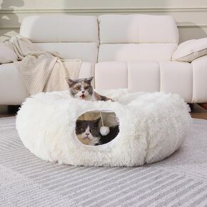 Plush Cat Tunnel Bed for Indoor Cats with Soft Cushion, Multi-Shape Play Cave with Hanging Balls, Large and Foldable Cat Donut Tunnel for Small and Large Pets (Brown)