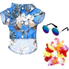3 Pieces Pet Dog Hawaiian Costume Summer Shirts for Cats Dogs Sunglasses and a Colorful Wreath for Small to Medium Dog Party Costume