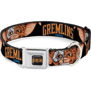 Warner Bros. Horror Movies Pet Collar, Dog Collar Metal Seatbelt Buckle, Gremlins 1984 Gizmo Face Close Up Black, 9.5 to 13 Inches 1.0 Inch Wide