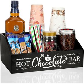 Barydat Christmas Hot Cocoa Bar Wood Coffee Station Organizer Countertop with 4 Compartment Coffee Bar Decorative Holder Xmas Basket Organizer Bin for Kitchen Holiday Gift Party Home Supplies(Black)