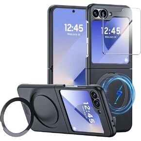for Samsung Galaxy Z Flip 6 Case with Magnetic Power & Kickstand & Screen Protection, Flip z 6 Slim HD Clearly Case Ultra-Thin Anti-Scratch Shockproof Case, Support Wireless Charging-Black
