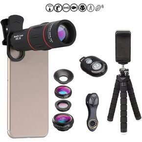 Yoidesu Phone Camera Lens Kit,4 in 1 Cell Phone Camera Lenses Kit - 18X Telescopic Lens + 198° Fisheye Lens + 0.36 Super Wide Angle Lens 15X Macro Lens