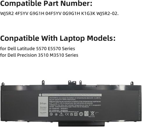 استبدال بطارية الكمبيوتر المحمول WJ5R2 لجهاز Dell Latitude 5570 E5570 Precision 3510 M3510 Series Notebook، 4F5YV WJ5R2 G9G1H K1G3K 11.4V 84Wh in Saudi Arabia