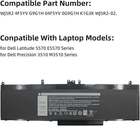 استبدال بطارية الكمبيوتر المحمول WJ5R2 لجهاز Dell Latitude 5570 E5570 Precision 3510 M3510 Series Notebook، 4F5YV WJ5R2 G9G1H K1G3K 11.4V 84Wh in Kuwait