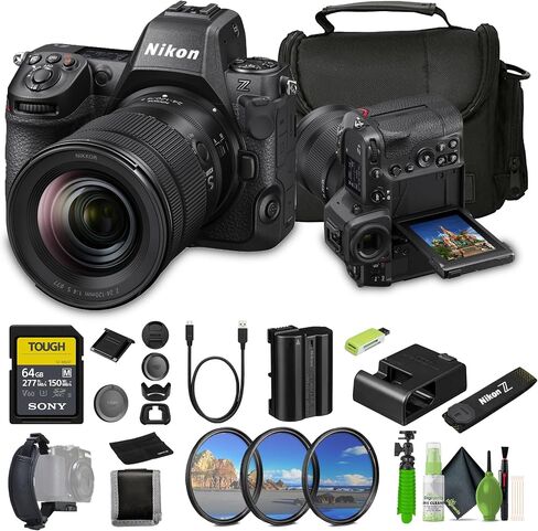 كاميرا Nikon Z8 بدون مرآة مع عدسة مقاس 24-120 مم f/4 + حافظة ناعمة + محفظة بطاقات ذاكرة + بطاقة ذاكرة من سلسلة SF-M Tough سعة 64 جيجابايت + قارئ بطاقات + حزام يد + مجموعة مرشحات مكونة من 3 قطع + حامل ثلاثي القوائم مرن مقاس 12 بوصة + المزيد in Saudi Arabia