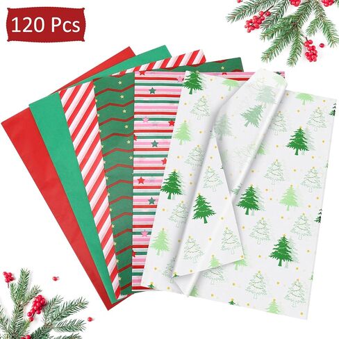 120 Sheets Christmas Tissue Paper for Gift Bags, Red Green and White Tissue Paper Bulk Assorted Design Gift Wrapping Paper, Xmas Tissue Paper for Crafts Holiday Decor in Saudi Arabia